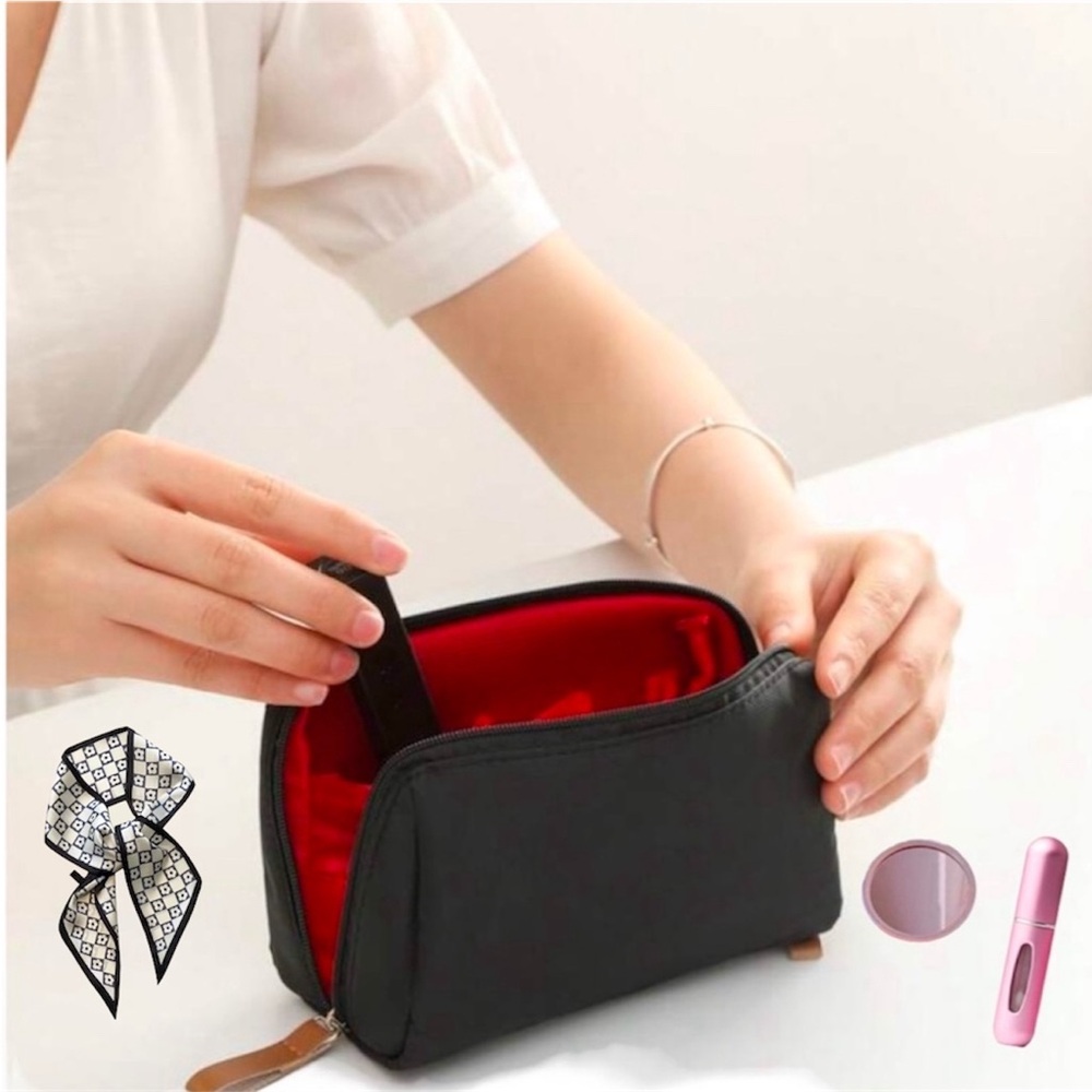 4pc Bundle - Black Compartment Bag, Mirror, Refillable Sprayer & Twilly 🆕